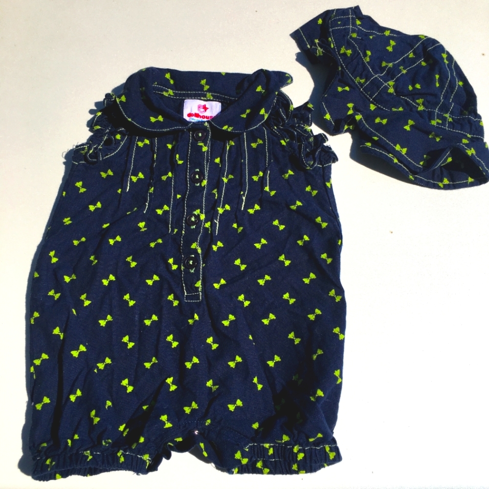 Dollhouse Lime Bow Denim Baby Romper w/ Hat Size 0-3 Months